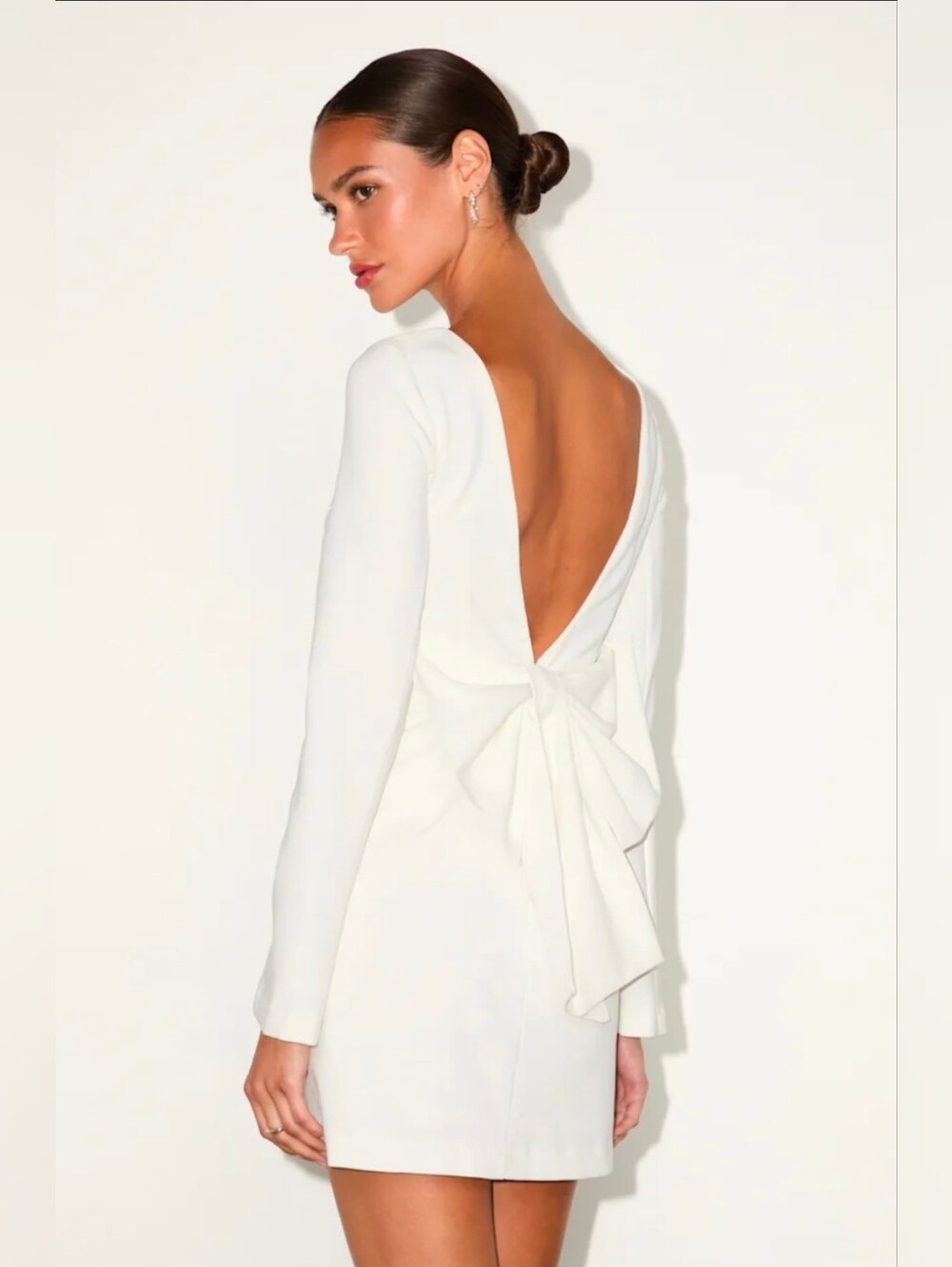Lulus Elegant Cutie Ivory Bow Long Sleeve Backless Mini Dress Size M